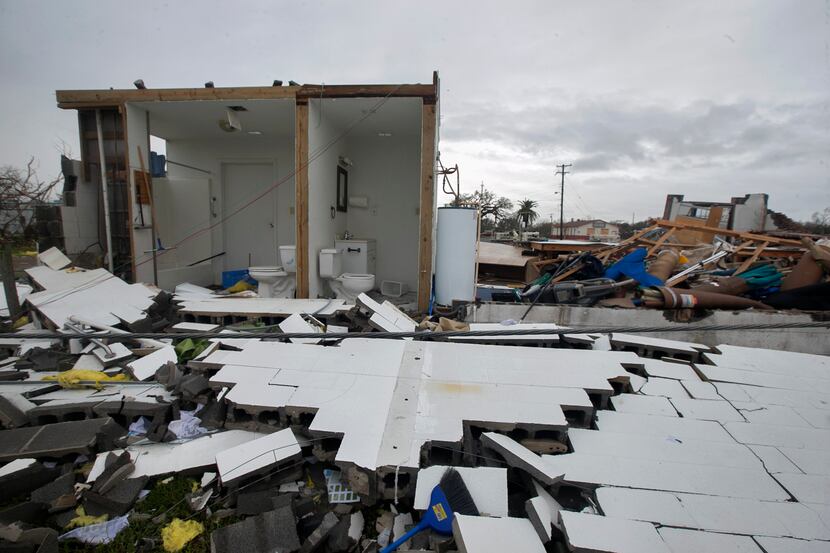 The restrooms were left exposed Sunday in one of the buildings destroyed by Hurricane Harvey...