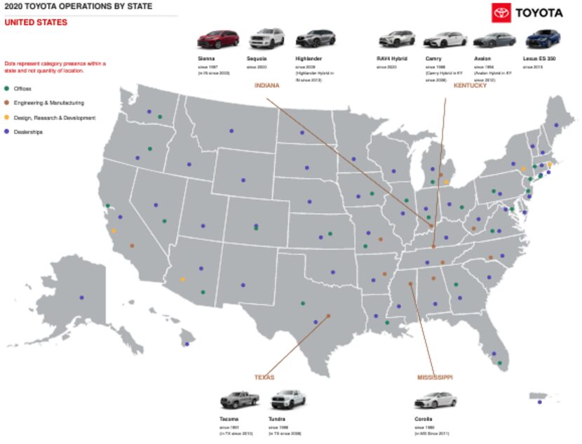 A map outlining Toyota's operations by state.