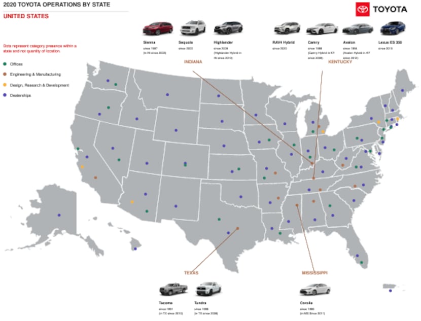 A map outlining Toyota's operations by state.