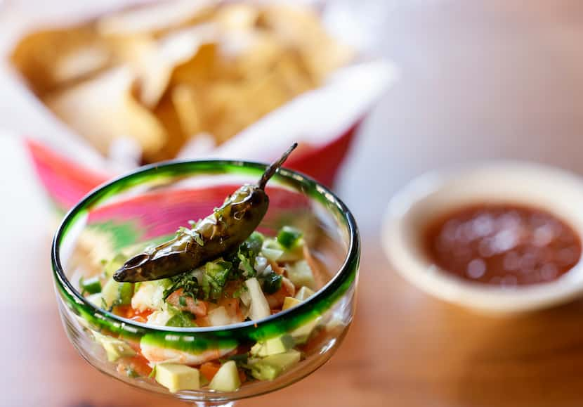 Mexican shrimp cocktail is one of the starters at Odelay. Every table will be served chips...