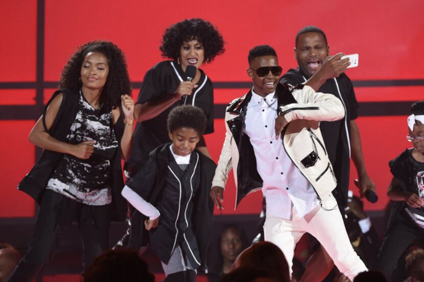Silento, in the white suit, performed at the BET Awards at the Microsoft Theater on Sunday,...