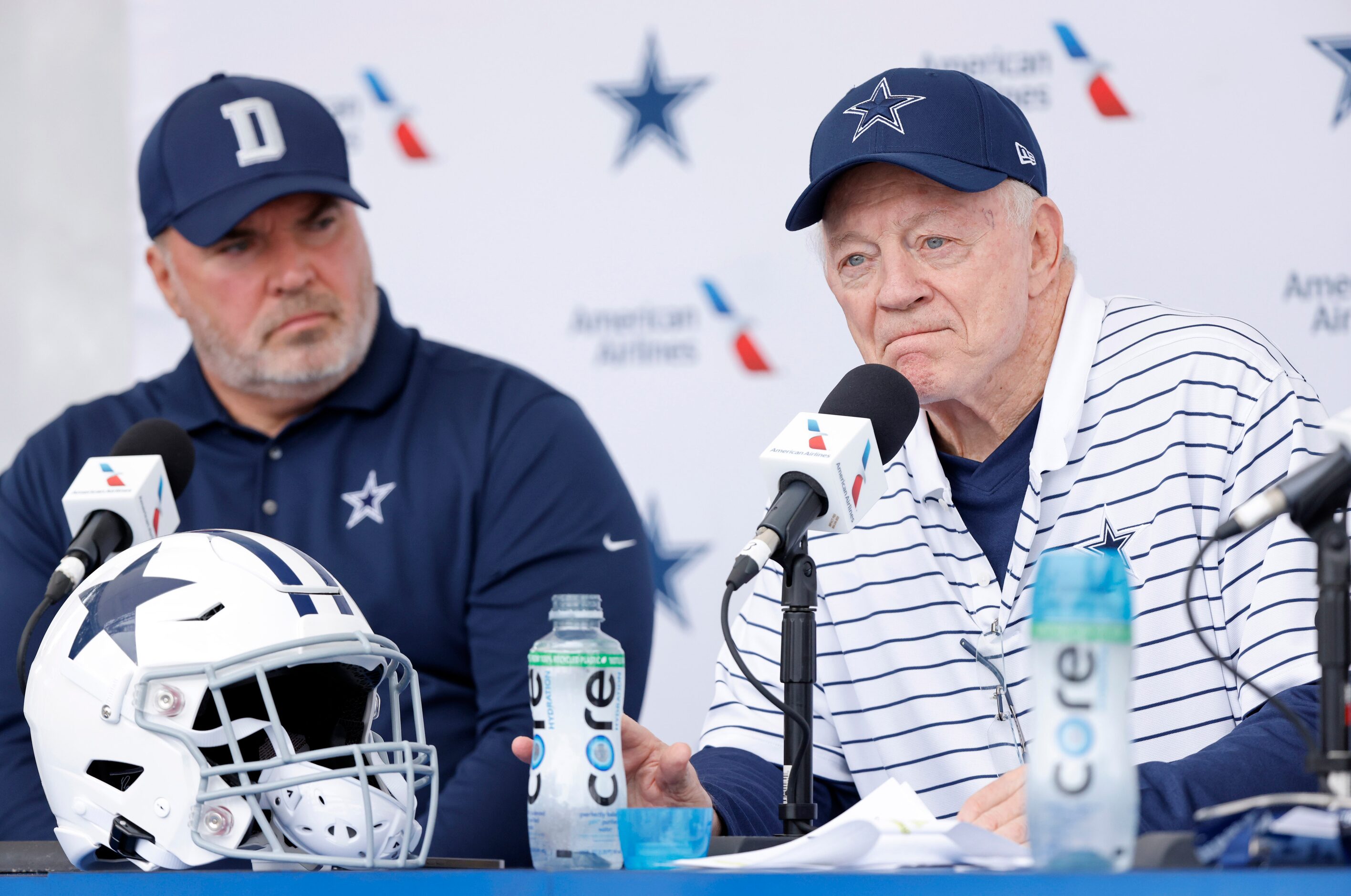 Dallas Cowboys owner Jerry Jones (right) pauses as he spoke fondly of his late former...