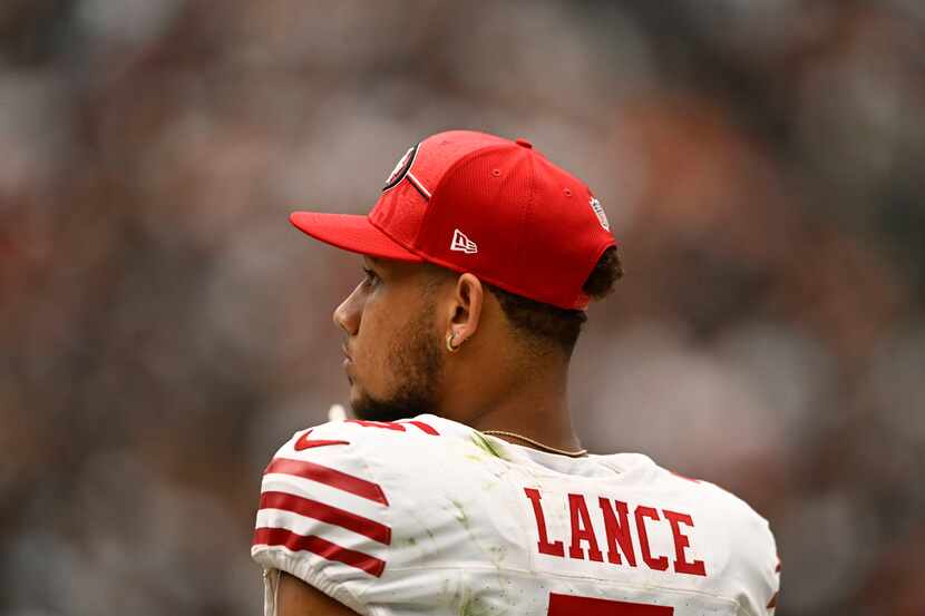 San Francisco 49ers quarterback Trey Lance #5 plays during a pre-season NFL football game...