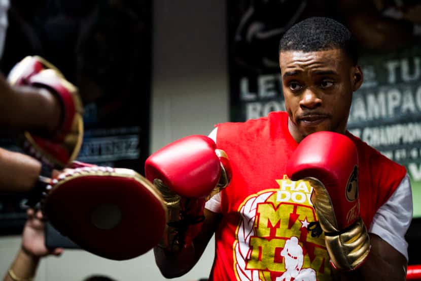 Number one ranked IBF Welterweight contender Errol Spence, Jr. works out with his trainer,...