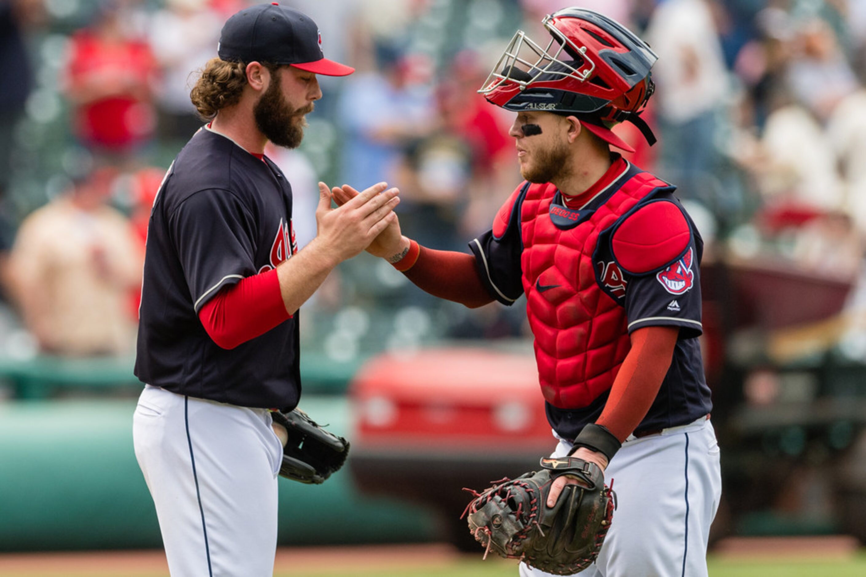 CLEVELAND, OH - MAY 2: Closing pitcher Ben Taylor #35 celebrates with catcher Roberto Perez...