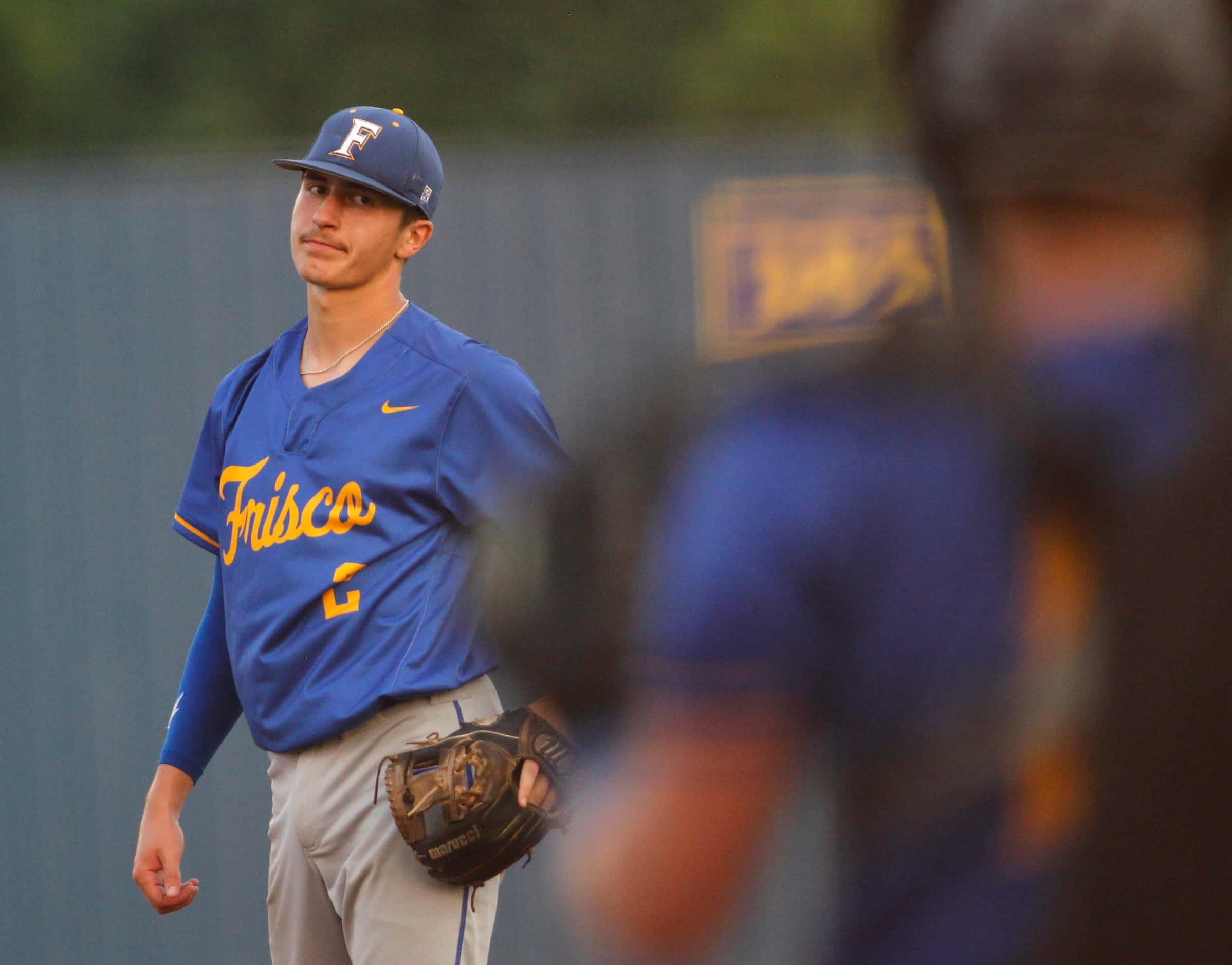 Frisco pitcher Michael Catalano (2) reacts after not getting a called strike while pitching...
