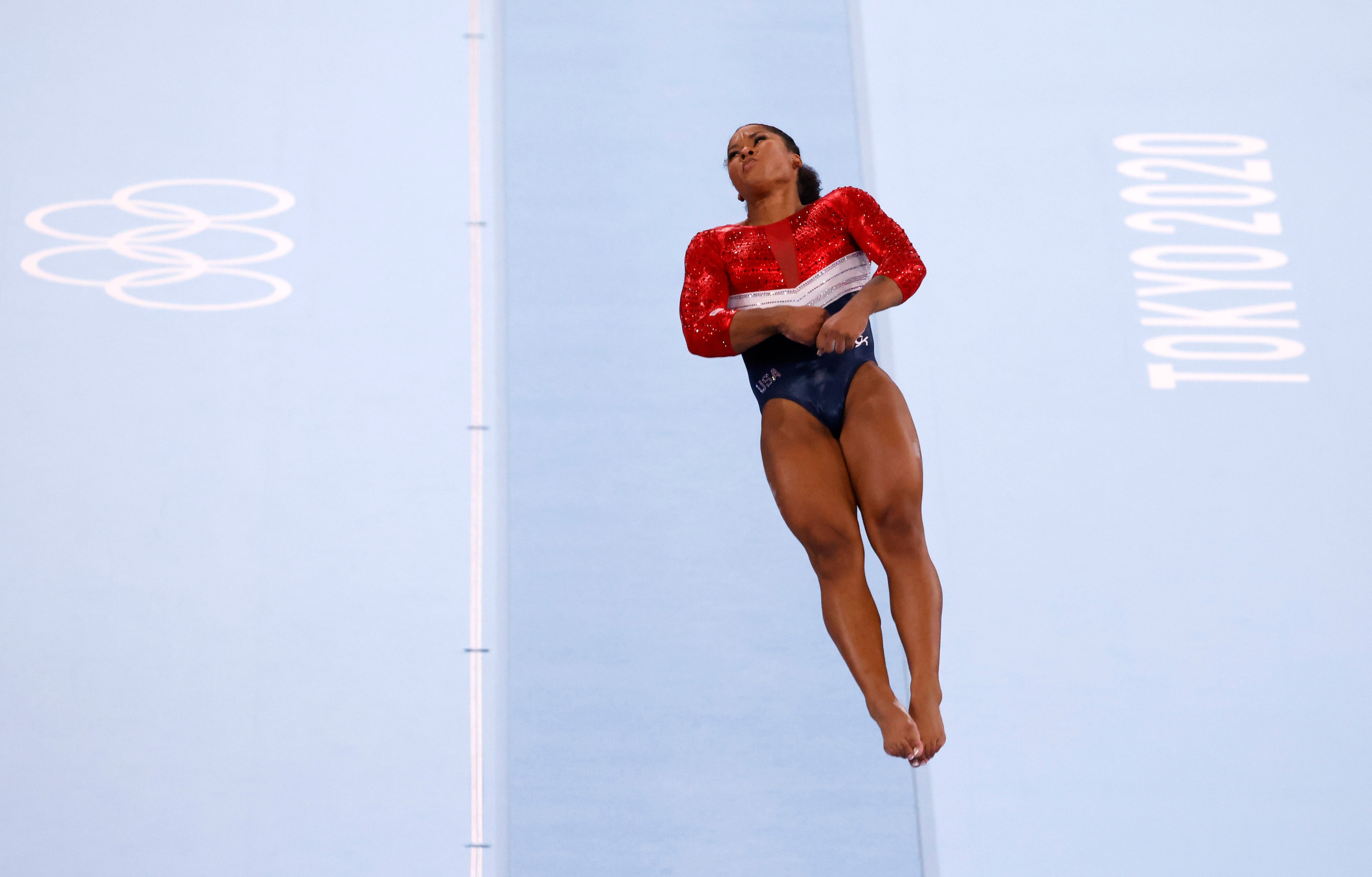 USA’s Jordan Chiles competes on the vault during the artistic gymnastics women’s team final...