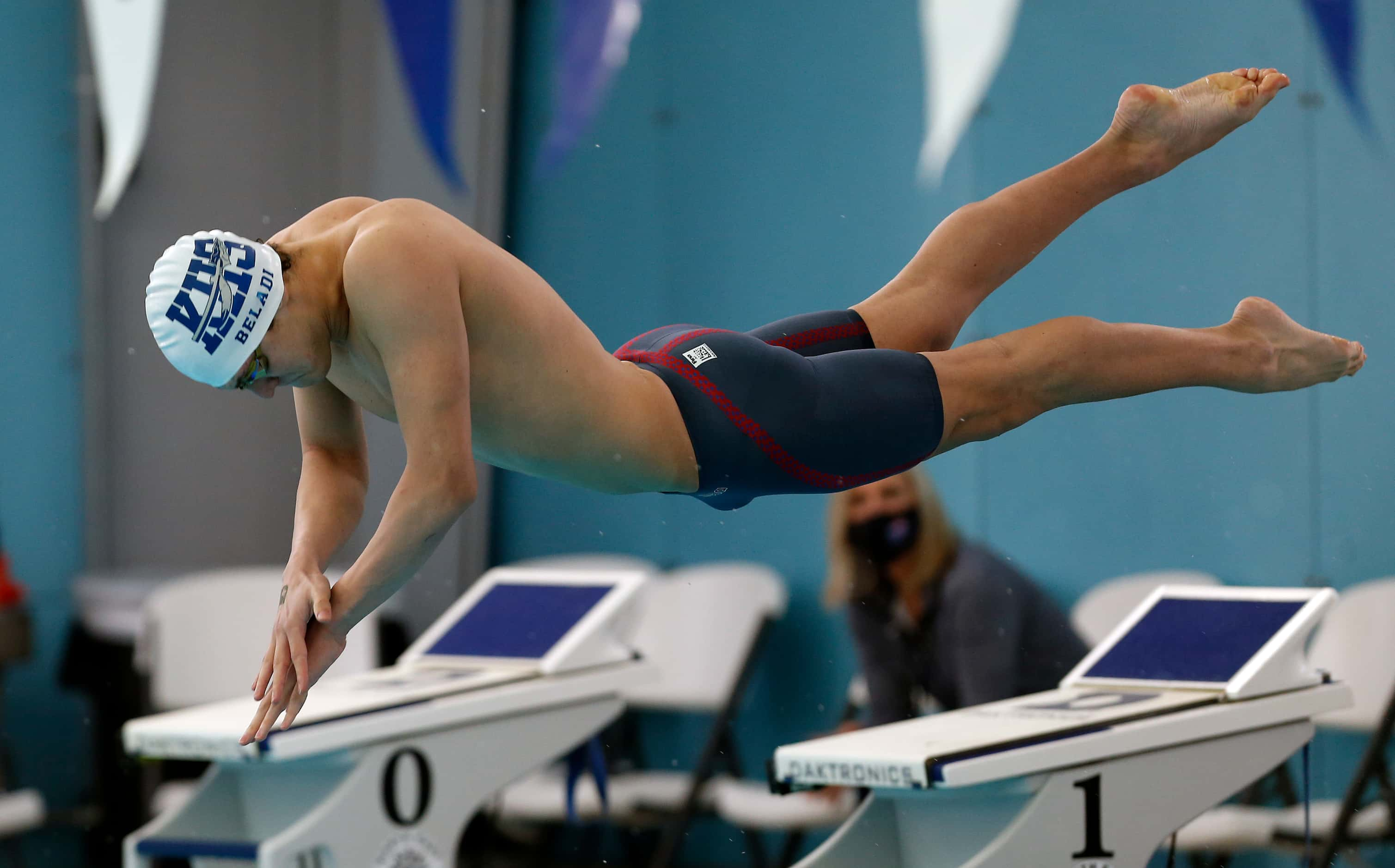 Keller Noah Beladi takes off the in the 200 yard Medley Relay in UIL boys 6A swim finals on...