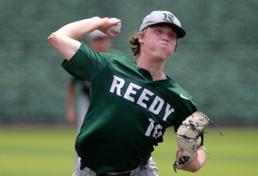 Reedy High School pitcher Jack Jorgenson (10) throws a pitch in the second inning as Reedy...