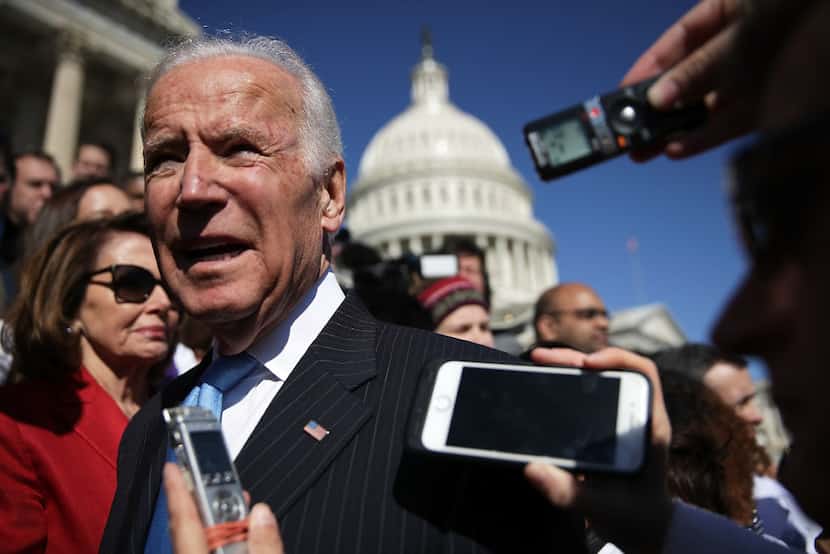 Former Vice President Joe Biden speaks with media at House Minority Leader Nancy Pelosi,...