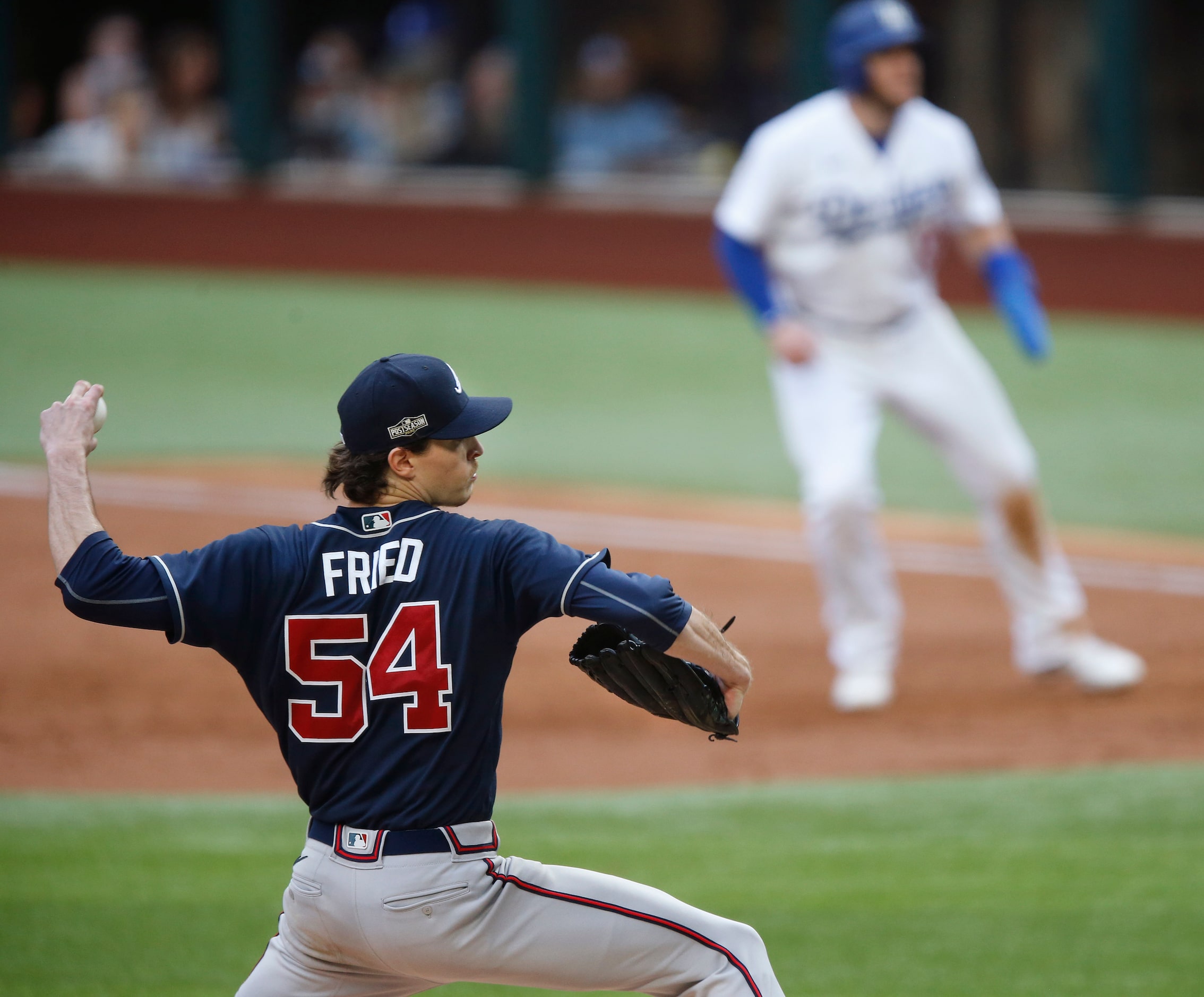 Atlanta Braves starting pitcher Max Fried (54) throws against the Los Angeles Dodgers during...