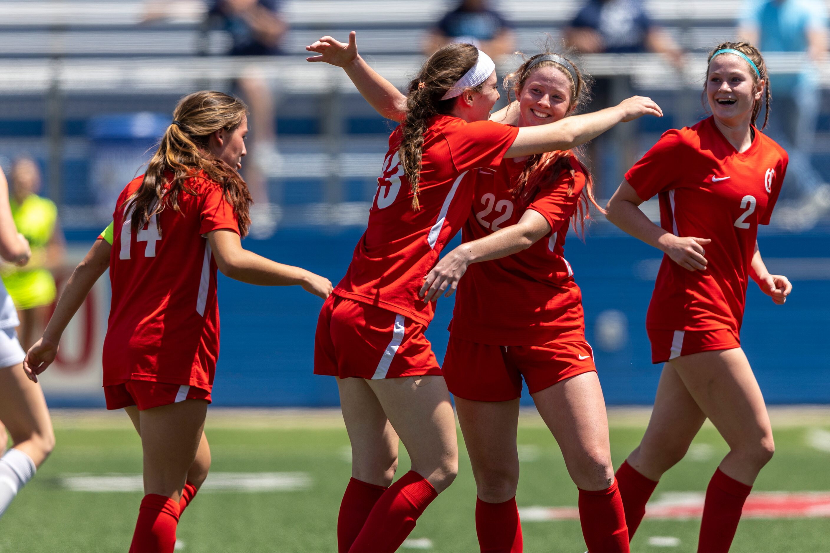 Grapevine midfielder Kasten Merrill (13) celebrates her goal against Boerne Champion with...