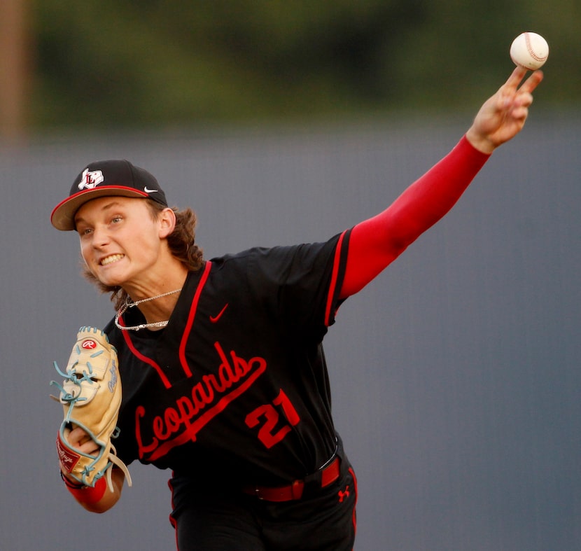 Lucas Lovejoy pitcher Logan Corley (21) delivers a pitch to a Frisco batter during the top...