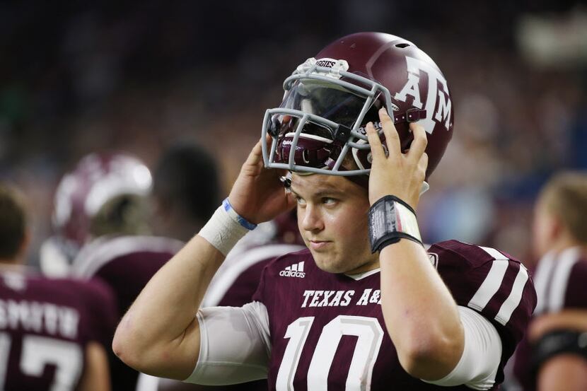 HOUSTON, TX - SEPTEMBER 05:  Kyle Allen #10 of the Texas A&M Aggies waits in th bench area...