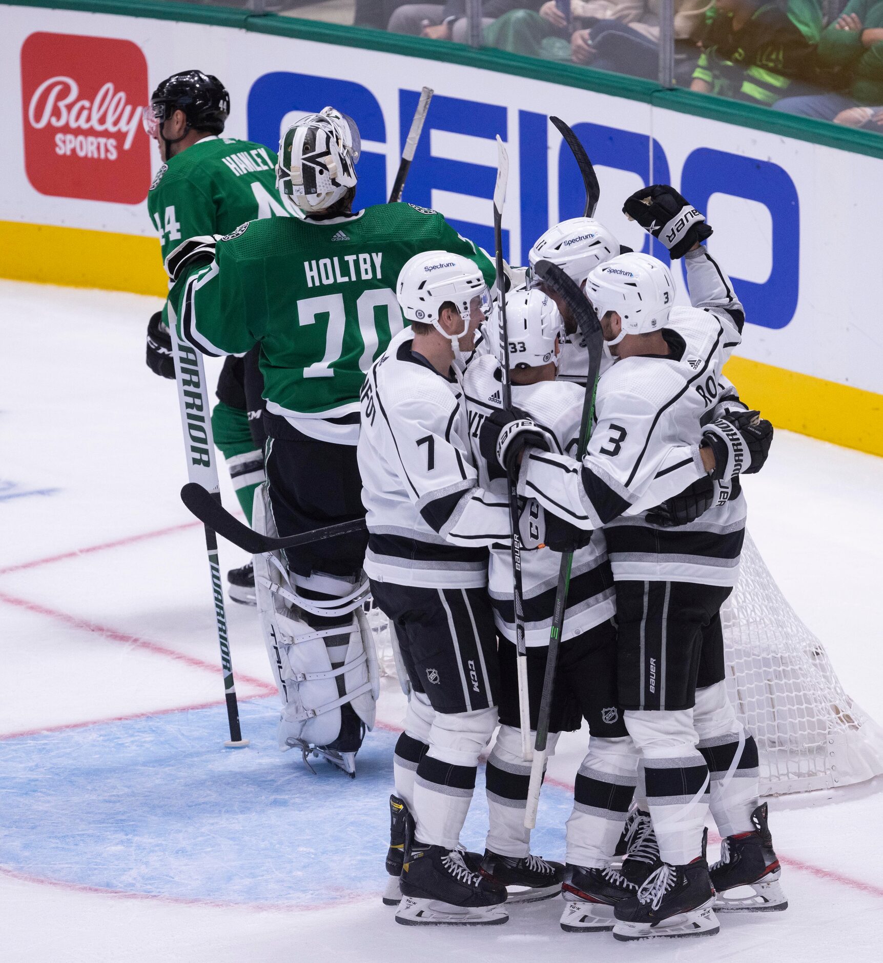 Los Angeles Kings celebrate center Anze Kopitar (11) score during the first period of a...