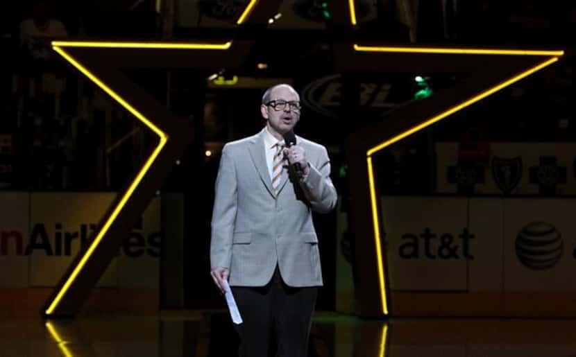 Dallas Stars' announcer Ralph Strangis is pictured during the ceremony for deceased former...