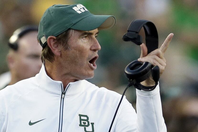 FILE - In this Sept. 12, 2015, file photo, Baylor coach Art Briles yells from the sideline...