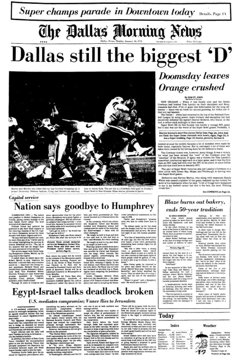 DALLAS COWBOYS - SUPER BOWL VICTORY - DALLAS MORNING NEWS FRONT PAGE - JANUARY 16, 1978 -...