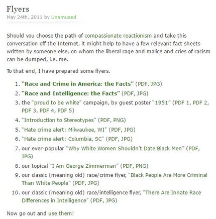 A screenshot of unamusementpark.com shows the racist fliers the author suggests people...