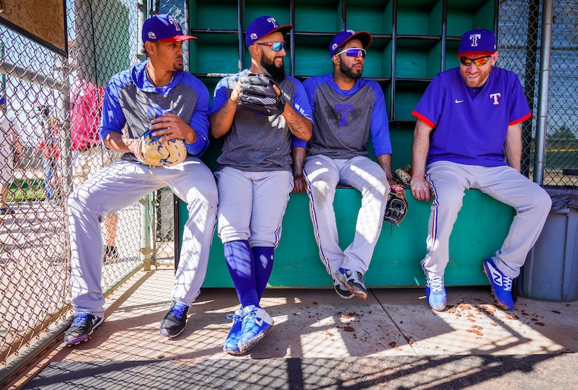 From left, Texas Rangers first baseman Ronald Guzman, second baseman Rougned Odor, shortstop...