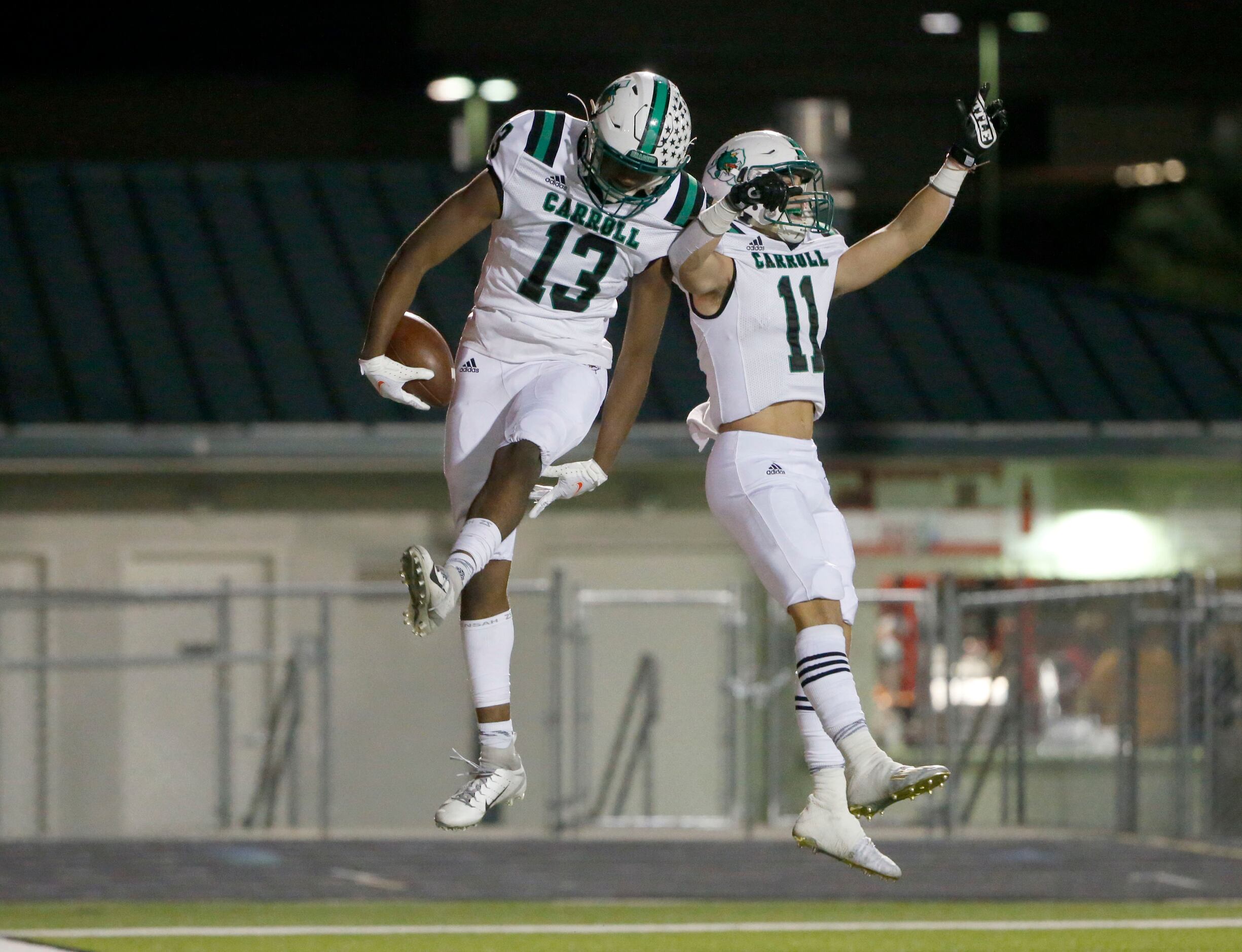 Southlake receiver RJ Maryland (13) celebrates his touchdown against Keller Central with...