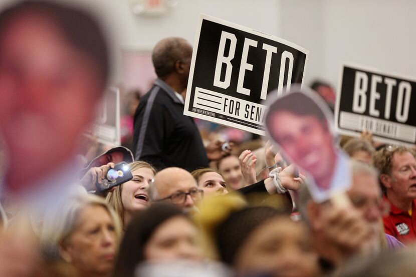 Supporters cheer during a campaign rally for Democratic Senate candidate Beto O'Rourke at...