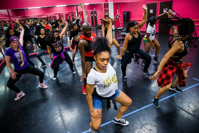 Students participate in a Twerkout with Cam class lead by Camille Thompson (right) at Power...