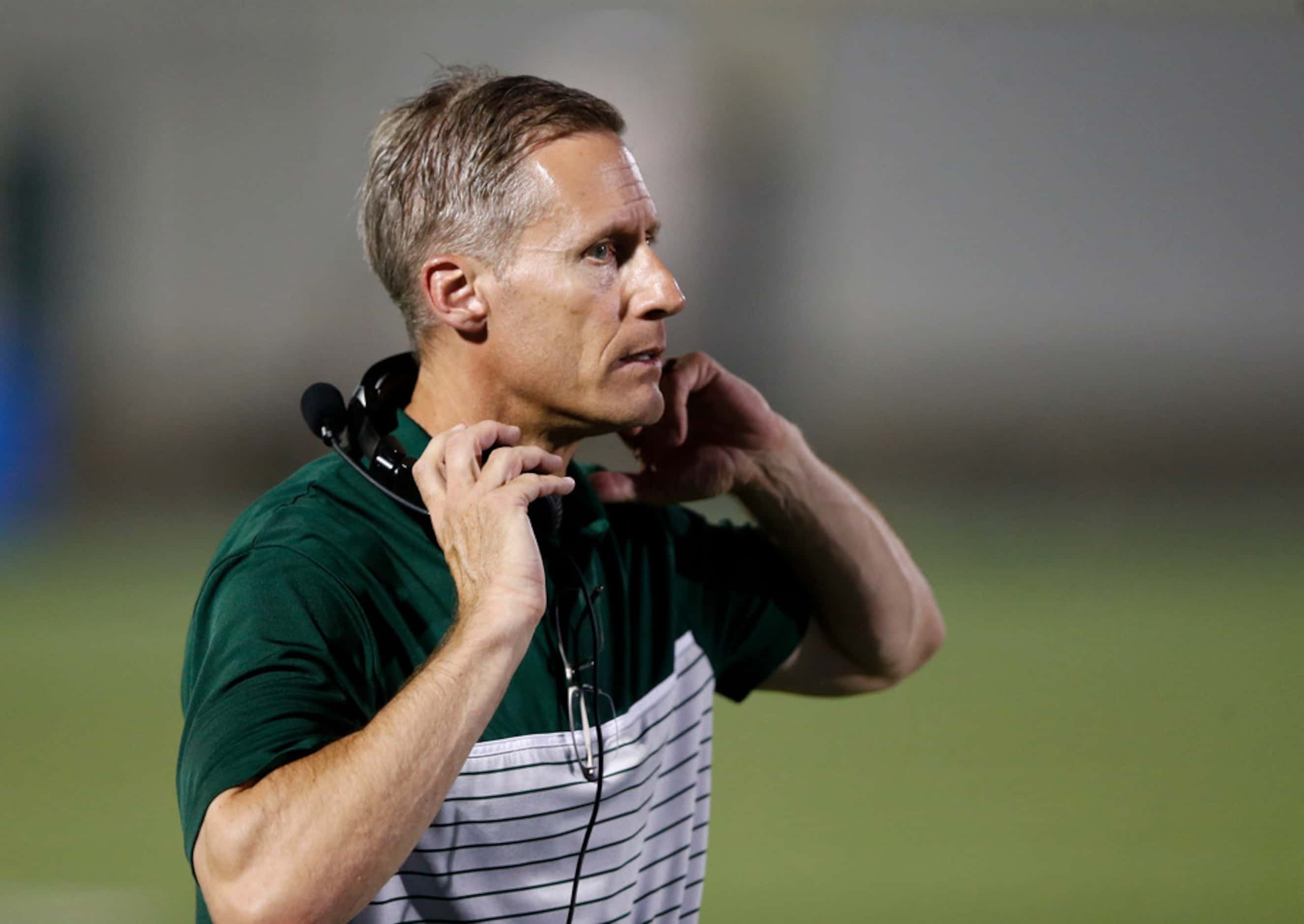 Mansfield Lake Ridge head coach Kirk Thor during the first half of play in a game against...