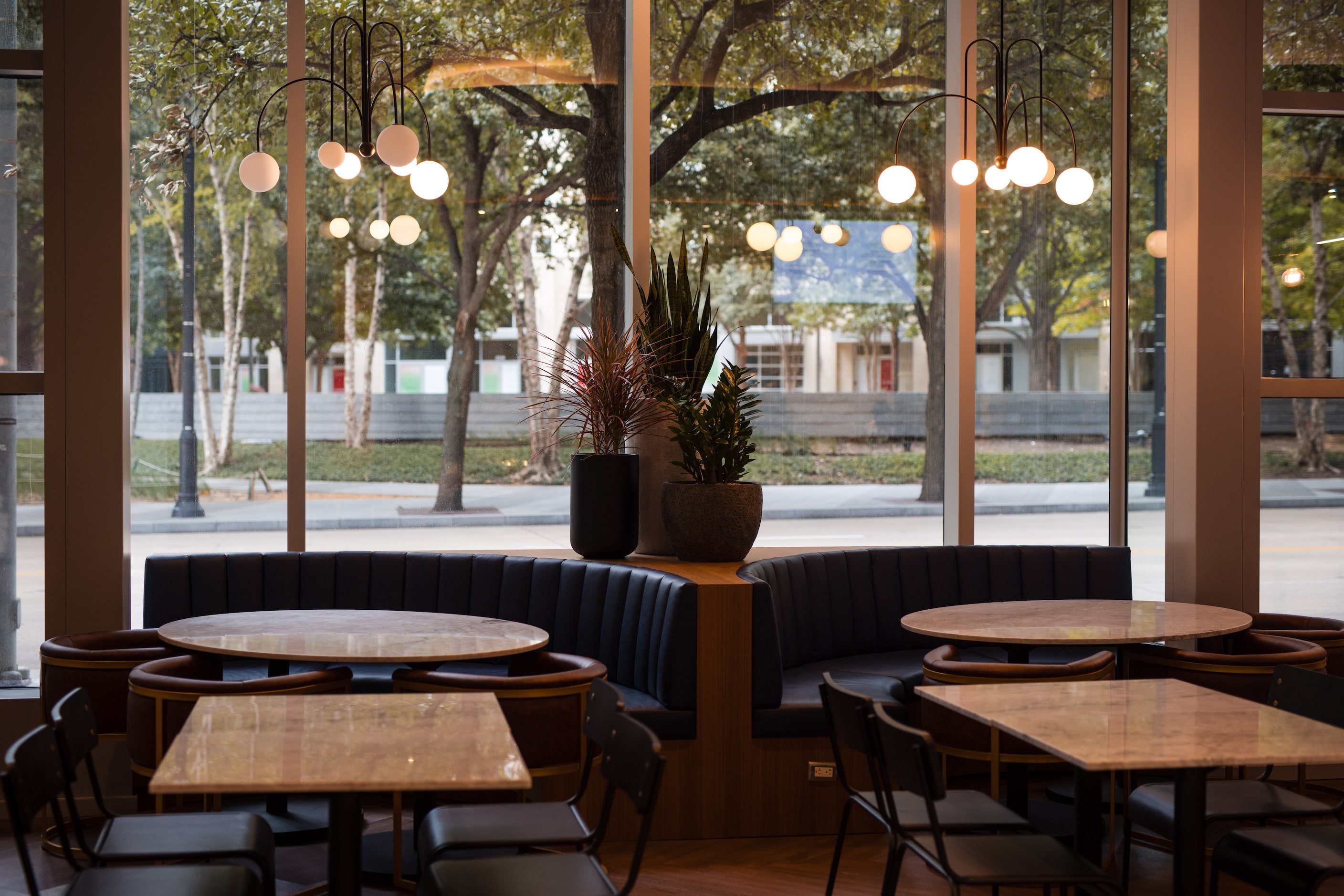 The food hall looks outside at Dallas' Victory Park.