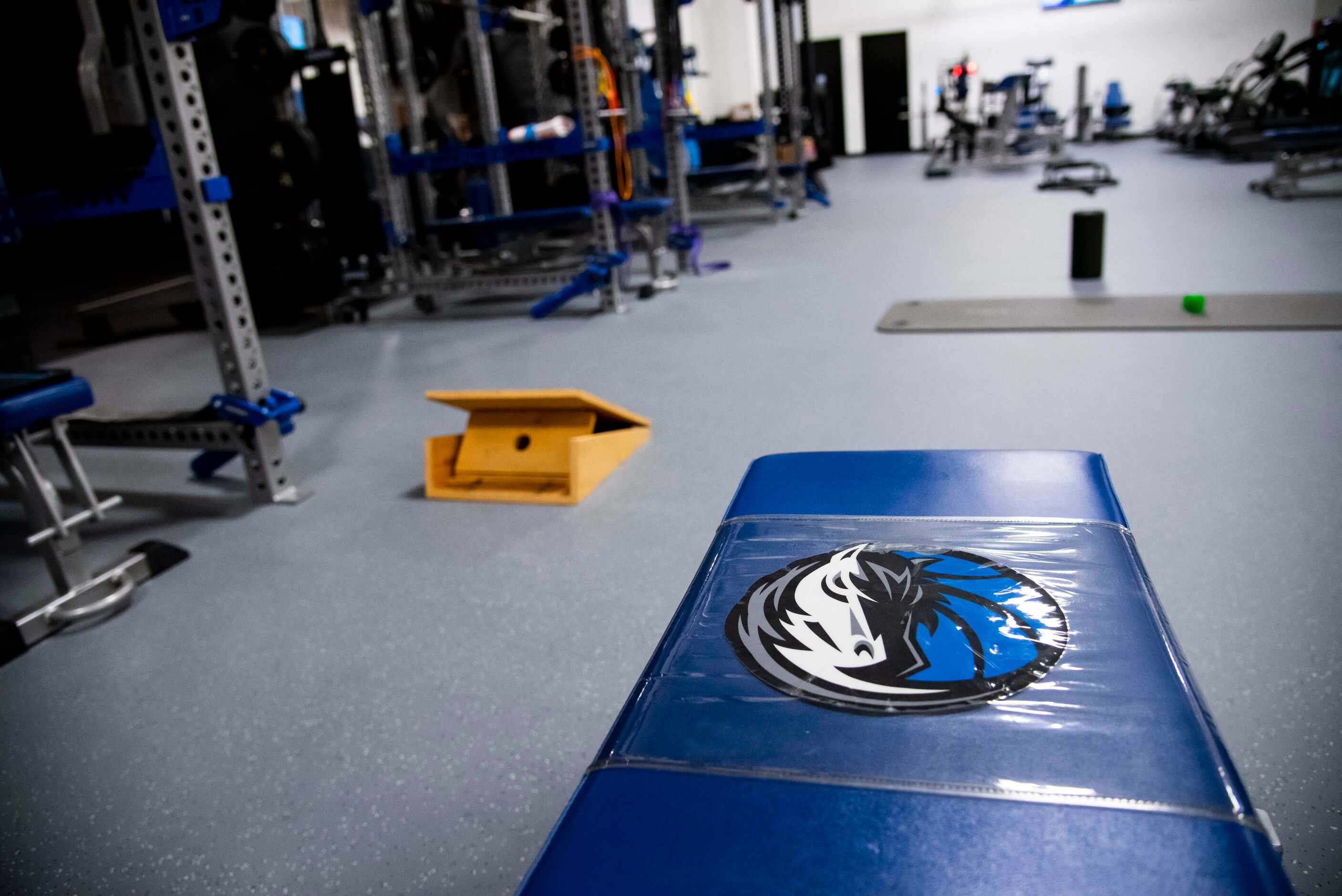 A bench lies in the new weight room area at the Dallas Mavericks BioSteel Practice Center in...