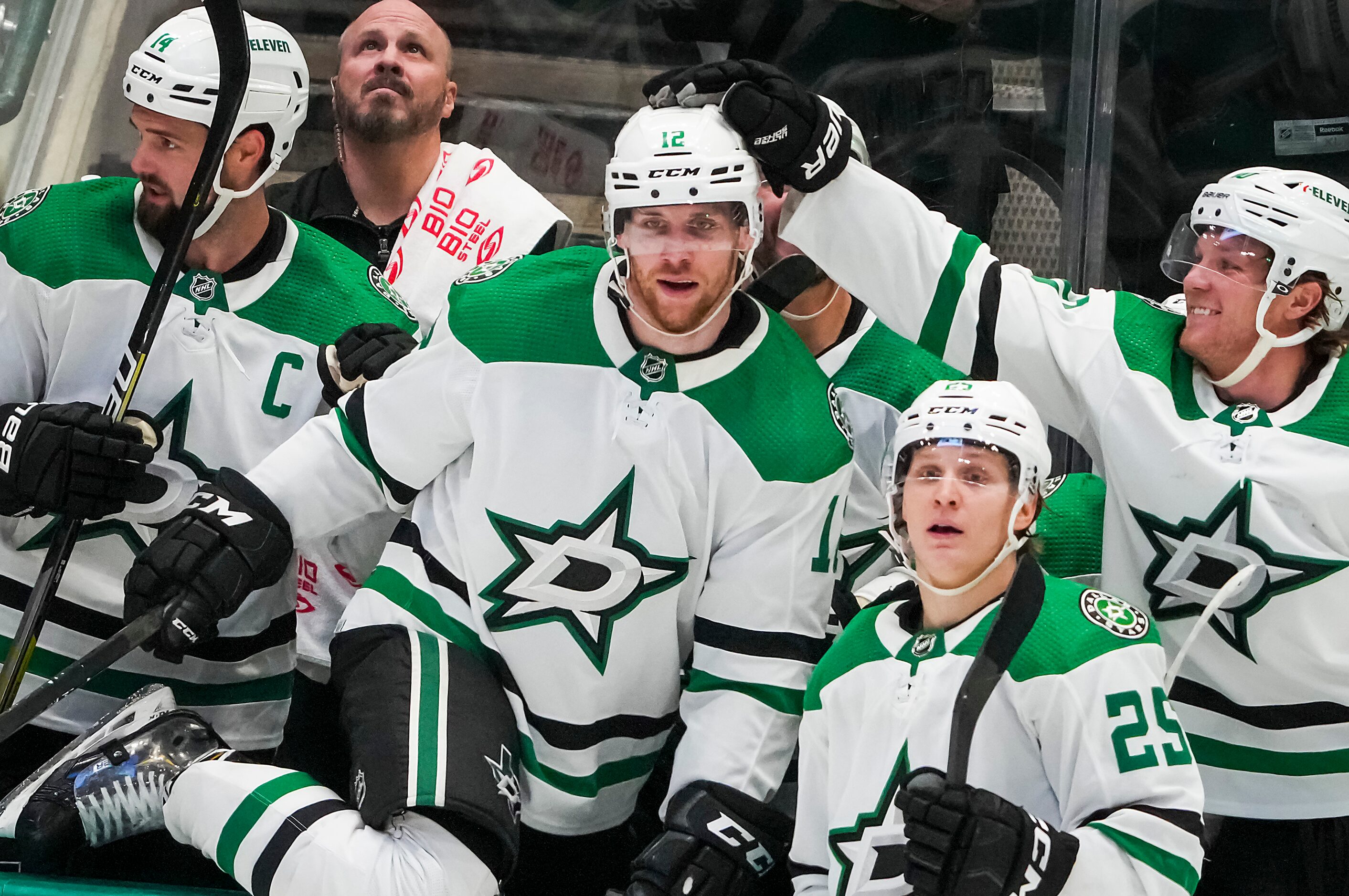 Teammates congratulate Dallas Stars center Radek Faksa (12) after a replay confirmed he...