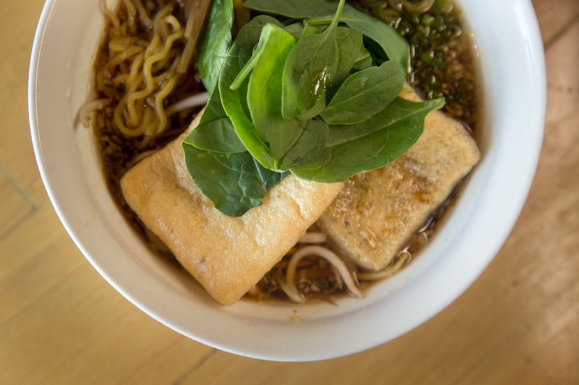 Veggie shoyu ramen with fried tofu skins at Ichigoh Ramen Lounge, a new Dallas restaurant...