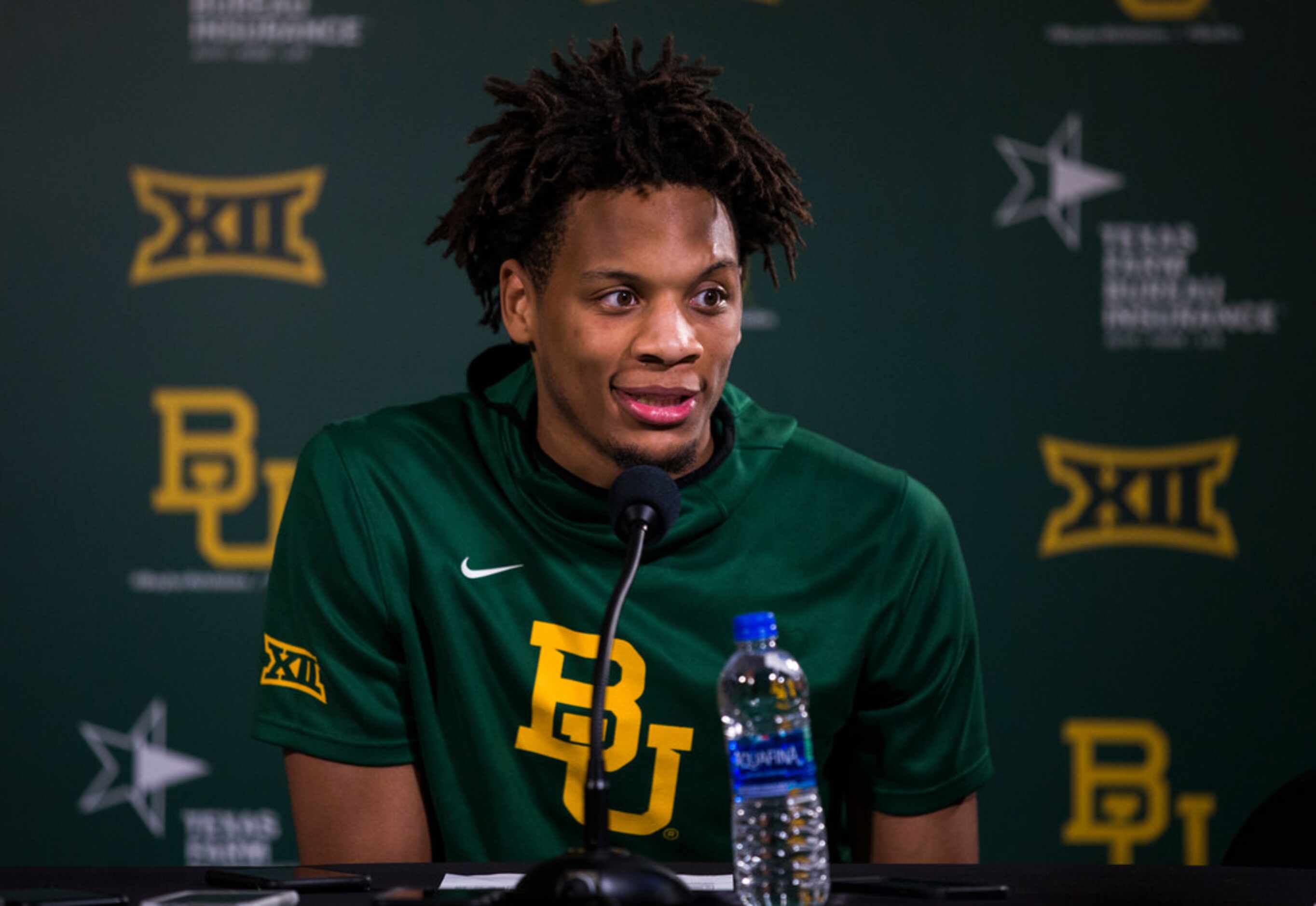 Baylor Bears forward Freddie Gillespie (33) speaks to reporters after a 64-61 loss to Kansas...