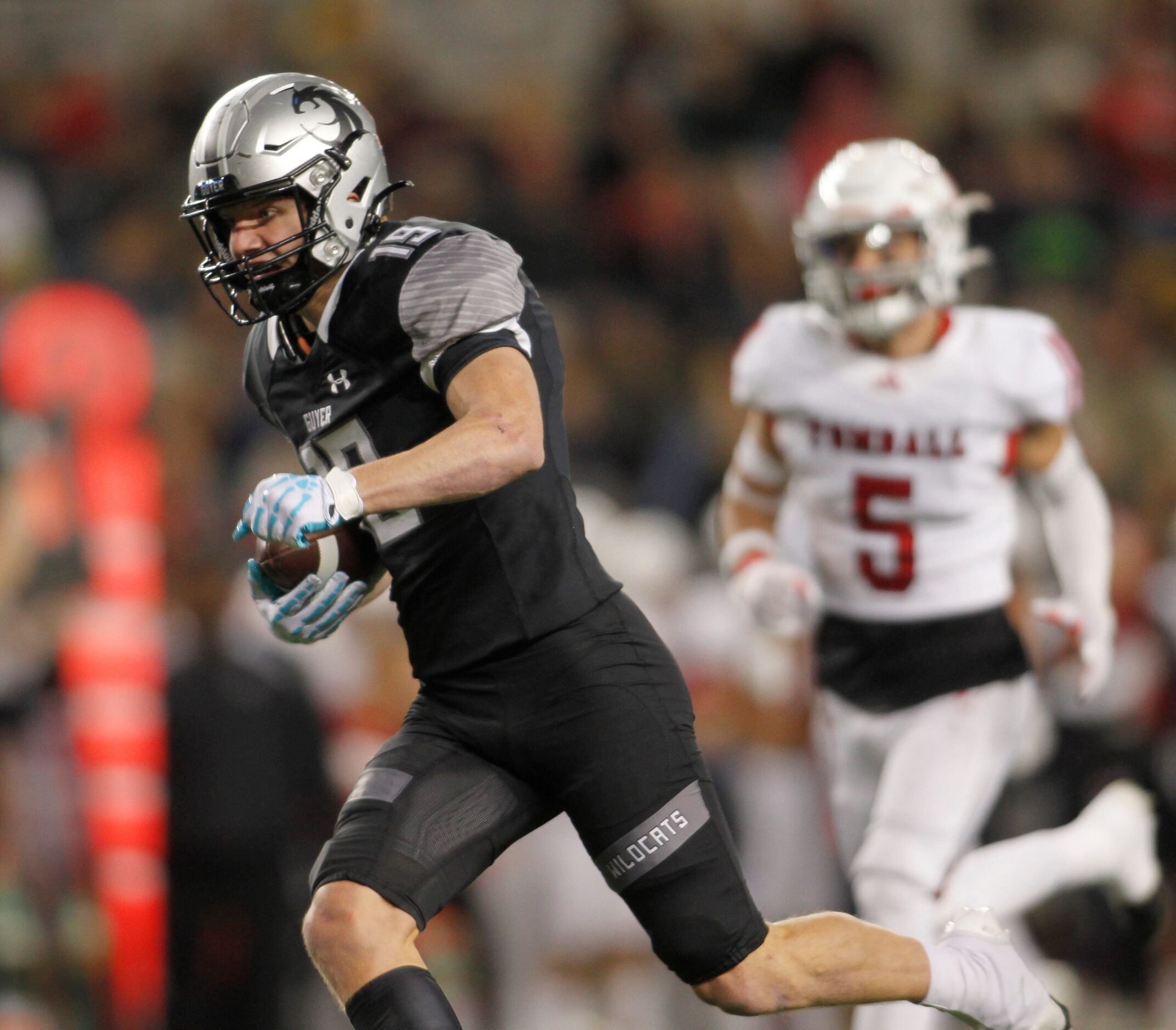 Denton Guyer receiver Grayson O'Bara (19) sprints into the end zone pass the defensive...