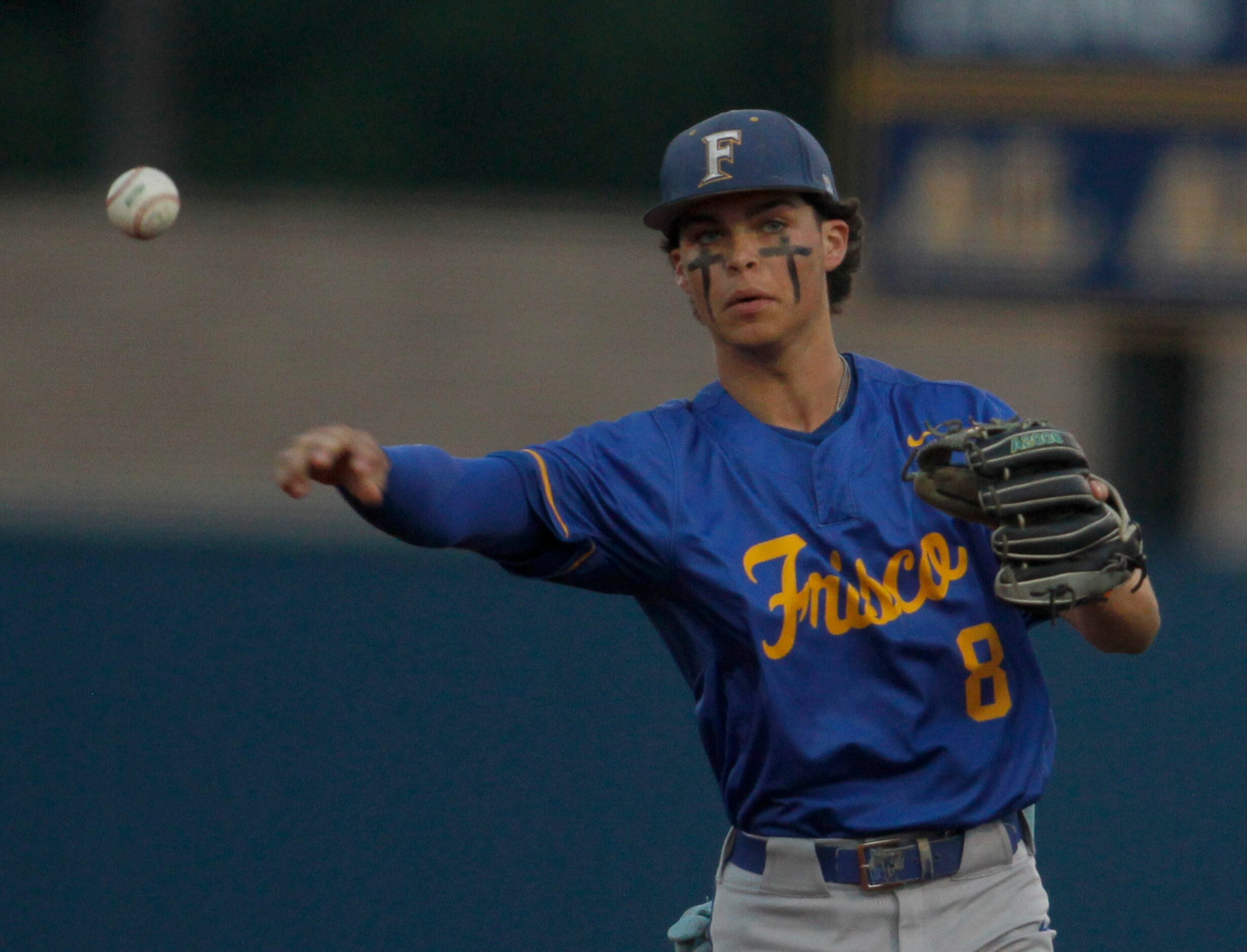 Frisco second baseman Austin Gathright (8) throws out a Lovejoy batter after fielding a...