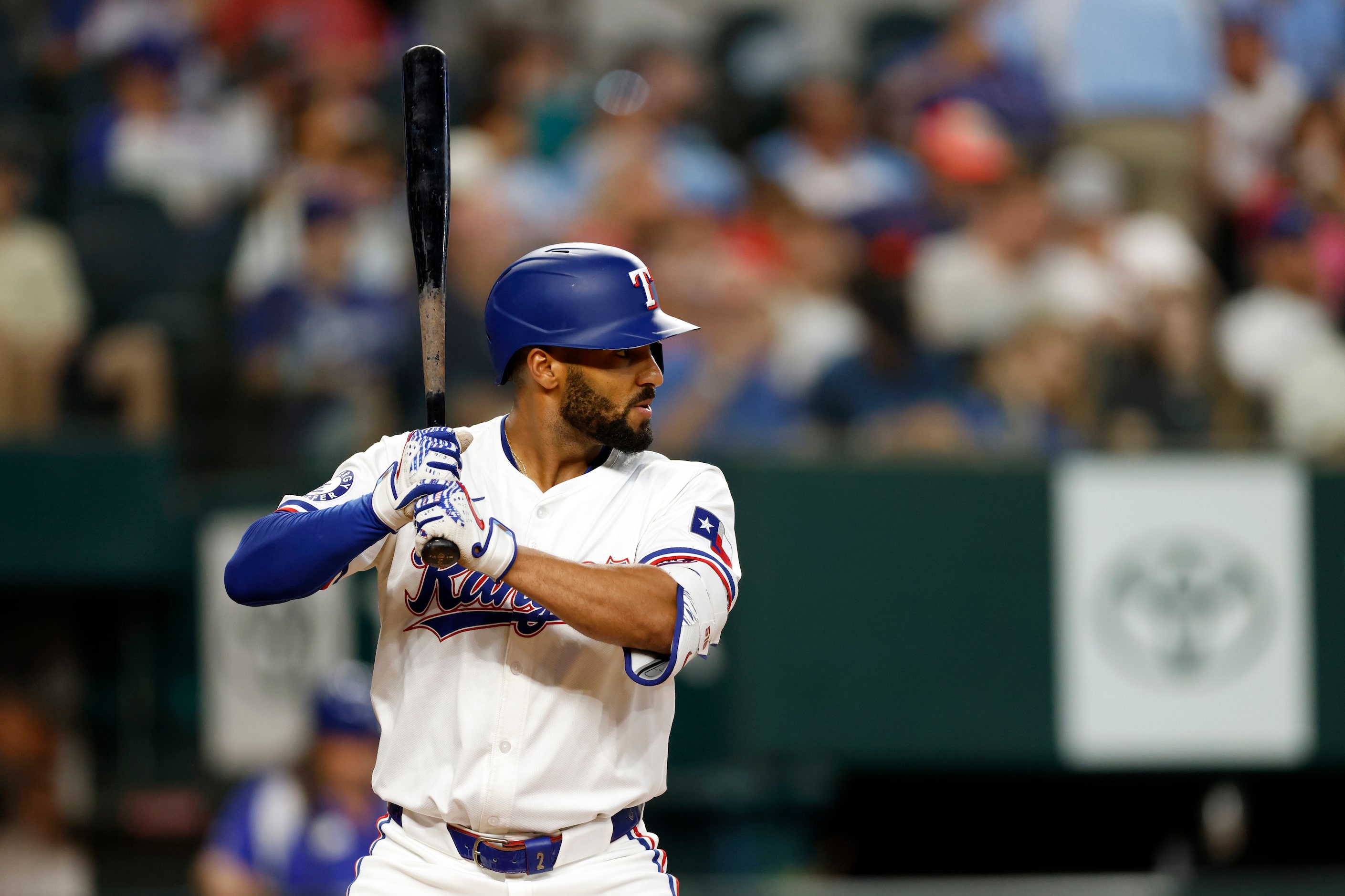 Texas Rangers second baseman Marcus Semien (2) waits for a pitch during the first inning...