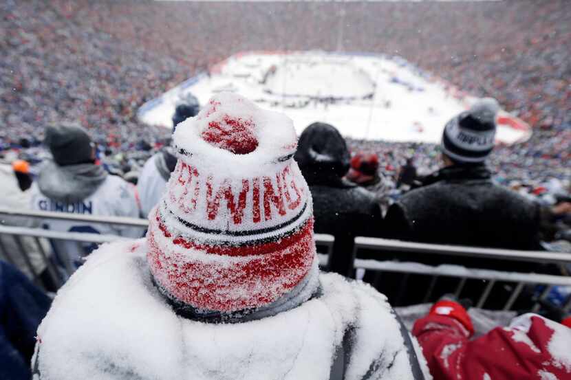 A Detroit Red Wings fan, coated with snow, watched during the third period of the 2014...