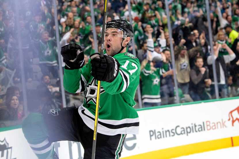 Dallas Stars center Devin Shore celebrates after scoring a goal against the San Jose Sharks...