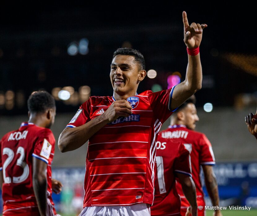 FRISCO, TX - FEBRUARY 23: FC Dallas forward Cristian Colman (#9) celebrates his first half...