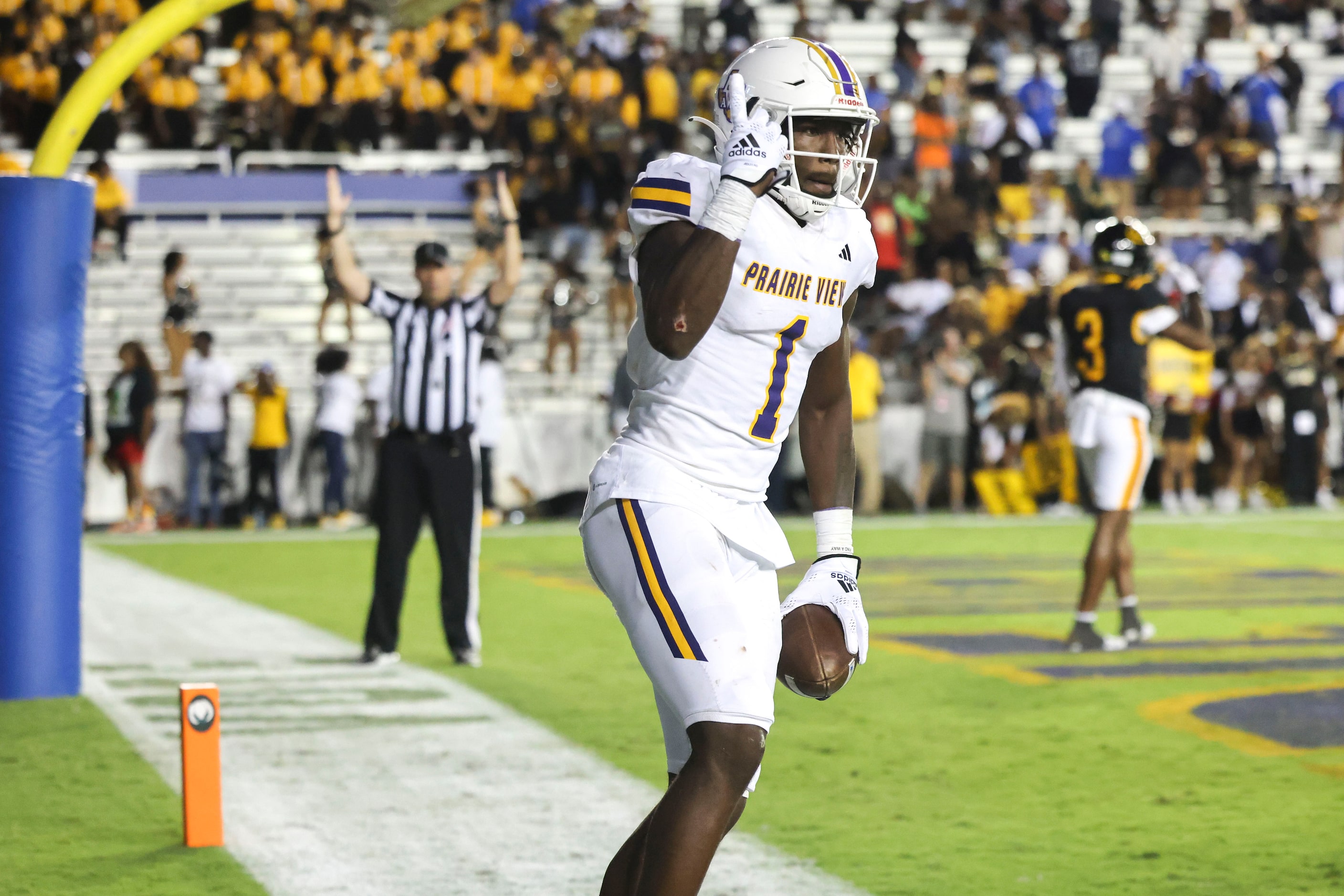 Prairie View A&M wide receiver Shemar Savage celebrates a touchdown  during the overtime of...