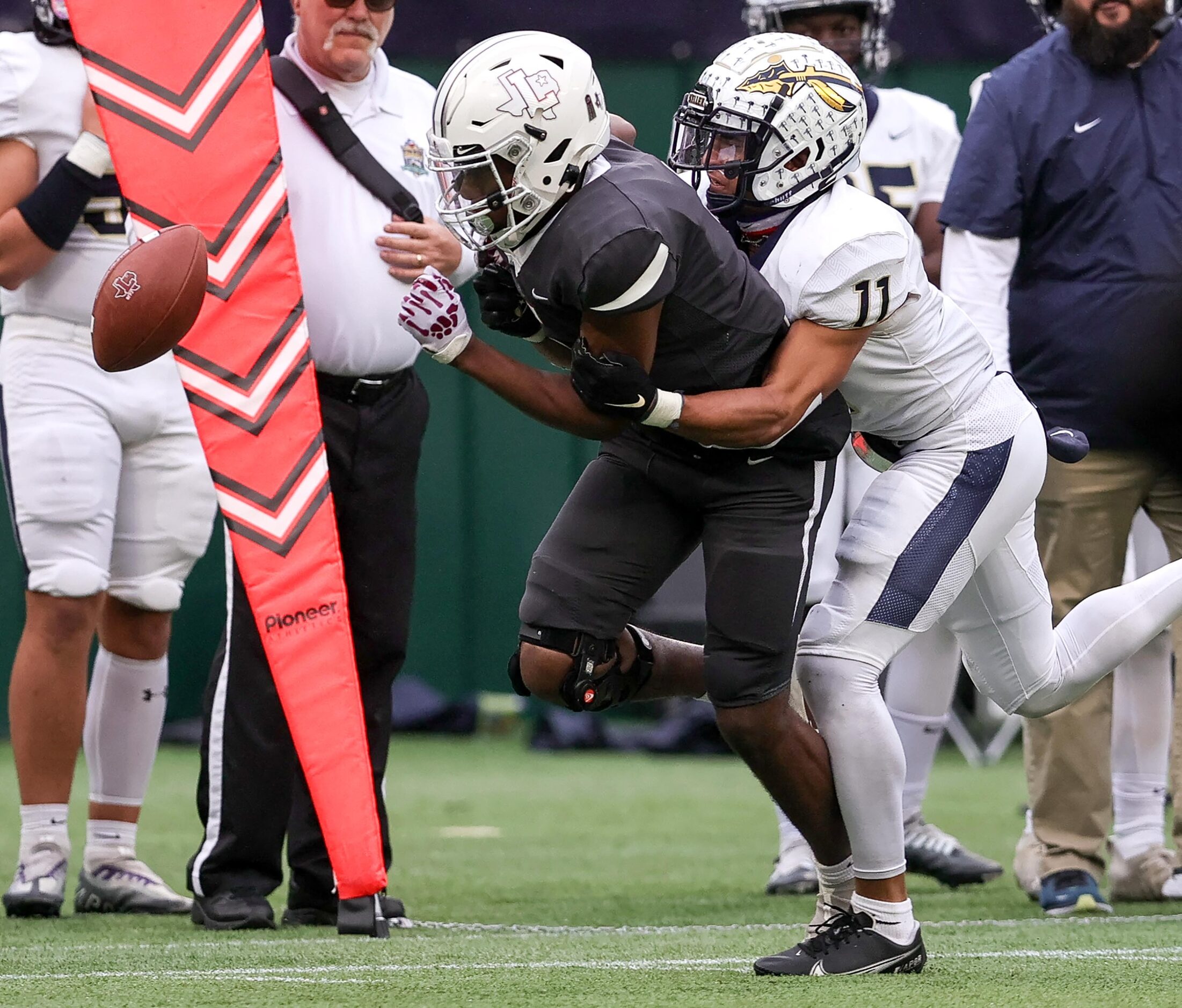 Lewisville wide receiver Kentrel Sorells comes up with a reception and then fumbles against...