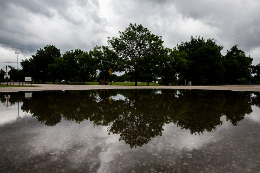 Rain clouds and trees are reflected in a puddle in the parking lot of Andy Brown Park West...