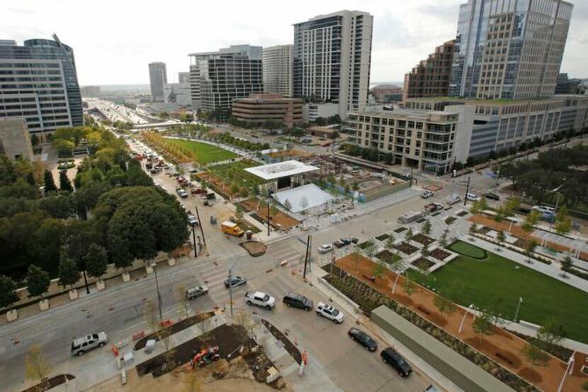 Overall view of Klyde Warren Park and downtown and Uptown from Museum Tower in Dallas, TX on...