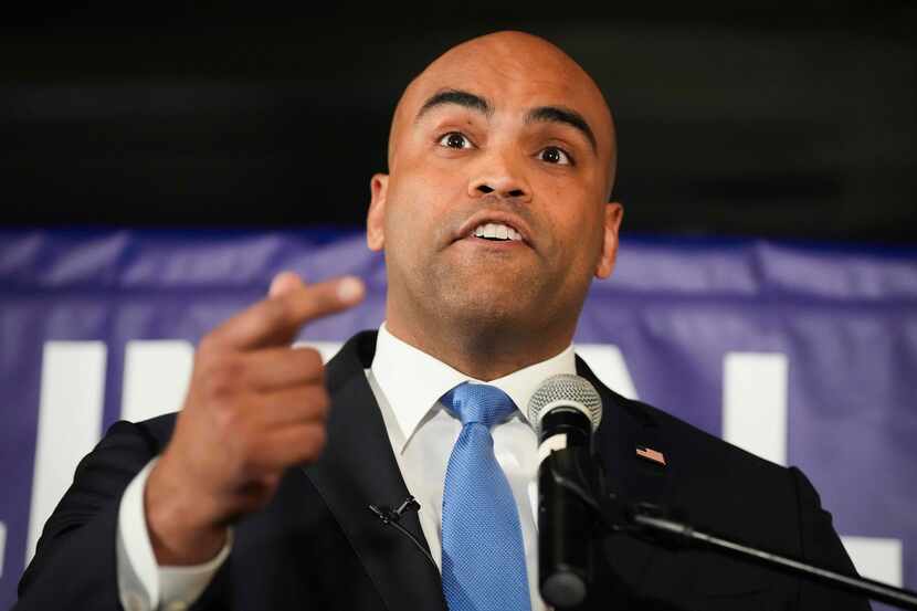 Democratic U.S. Senate candidate Colin Allred addresses supporters during a primary election...