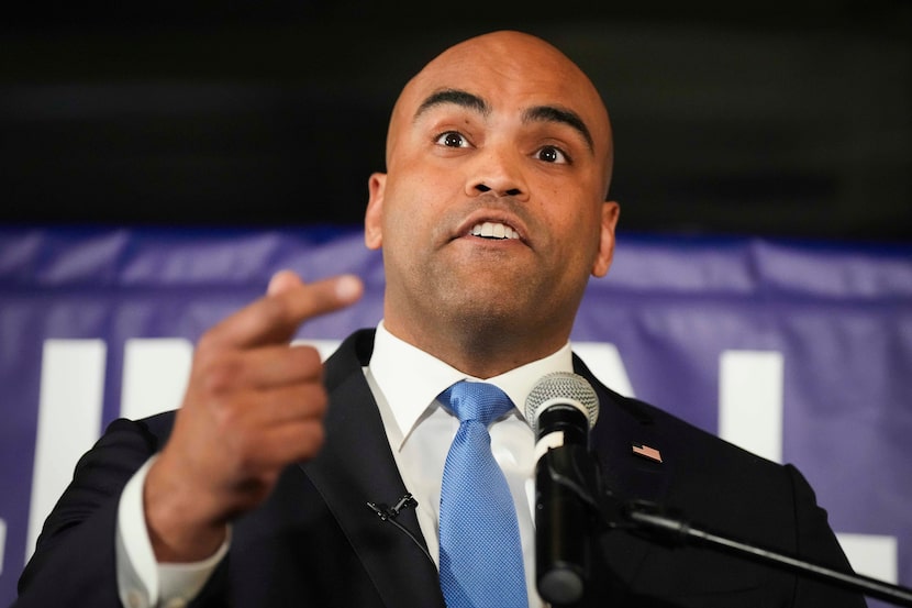 Democratic U.S. Senate candidate Colin Allred addresses supporters during a primary election...