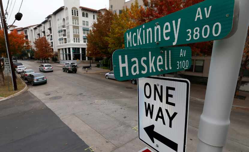 A street sign of McKinney and Haskell Avenues with an one way sign is seen in Dallas,...