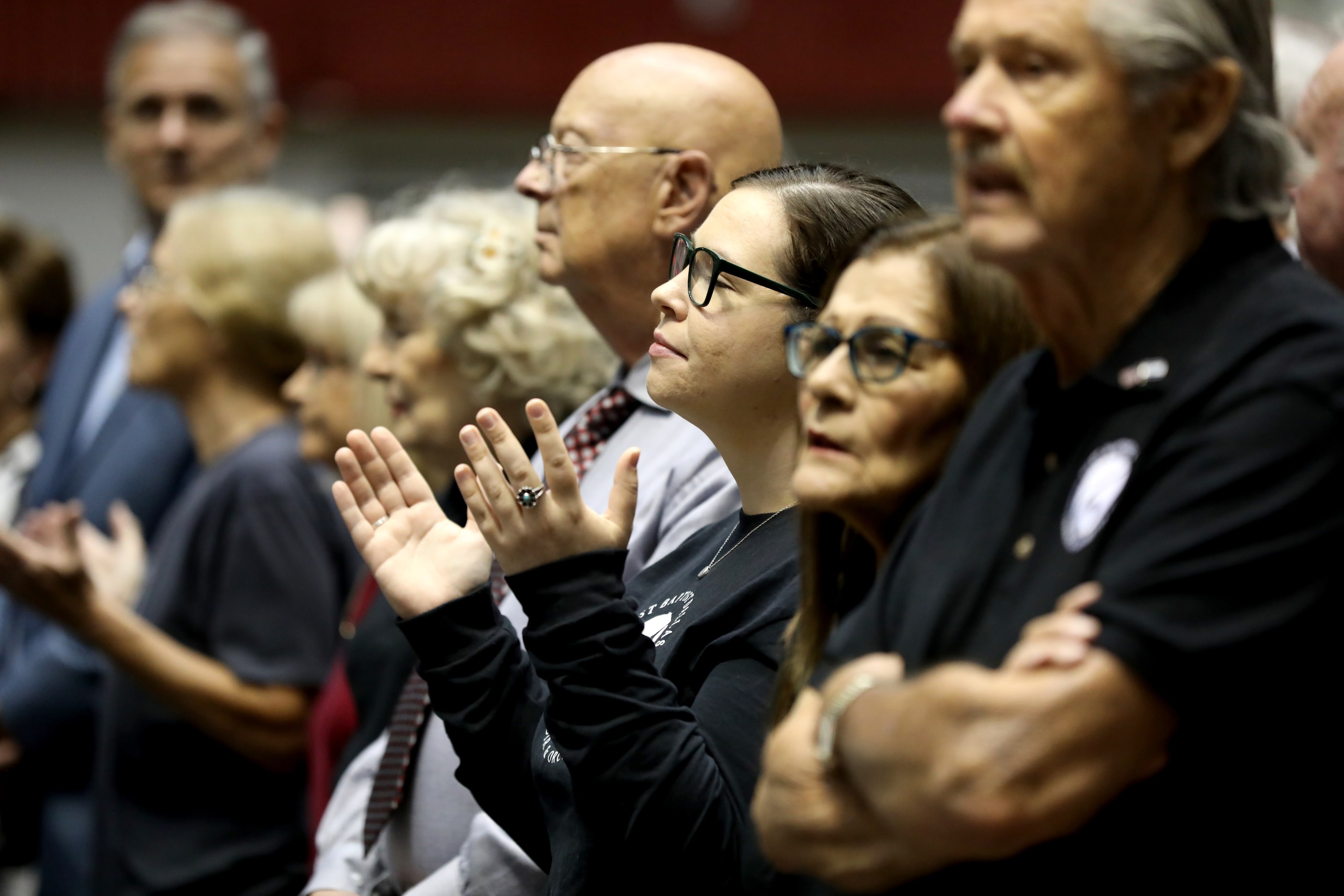 First Baptist Church members participate in Sunday service held at the Dallas Convention...