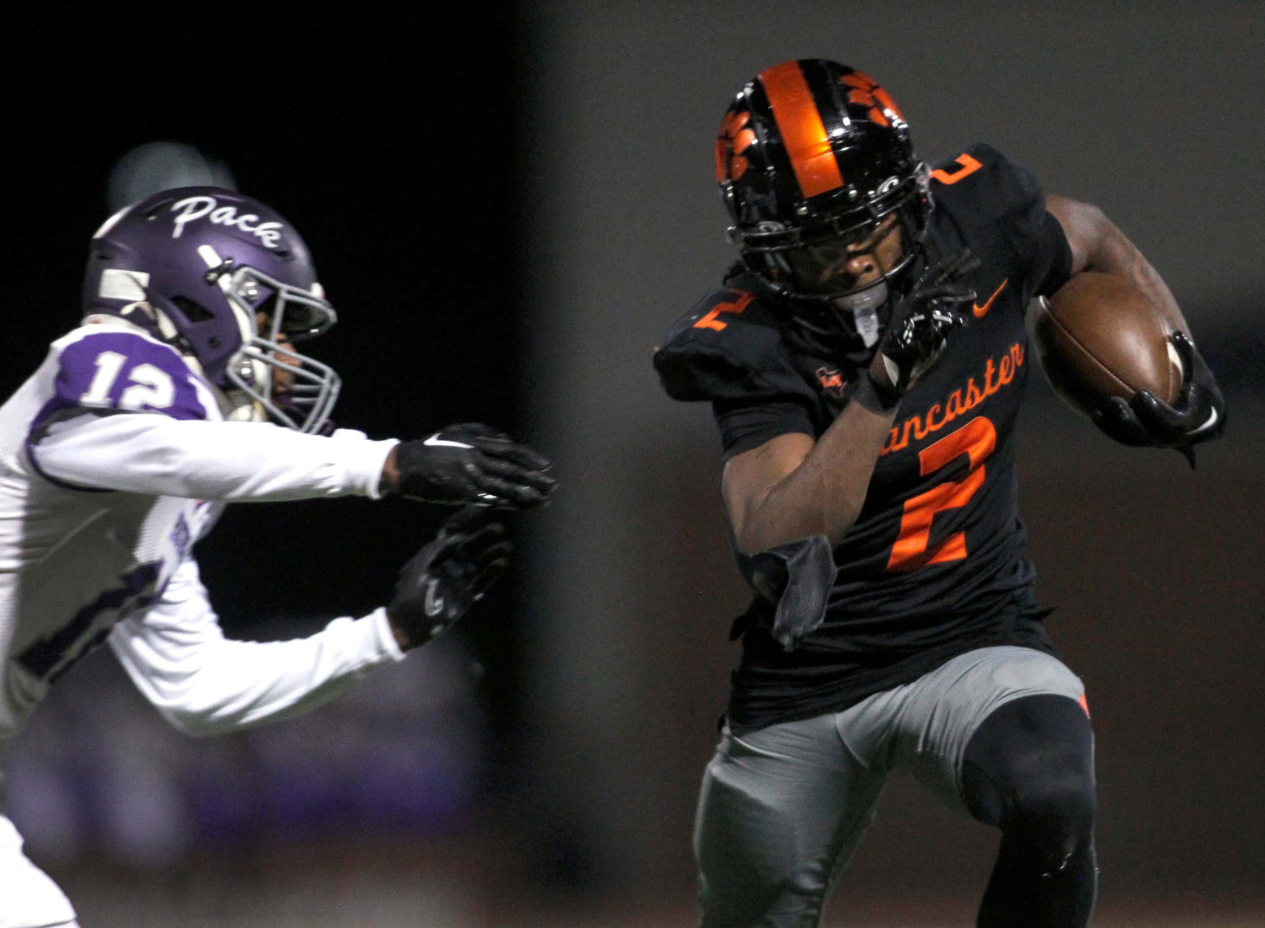 Lancaster running back Kewan Lacy (2) pulls away from the defensive pursuit of Lufkin...