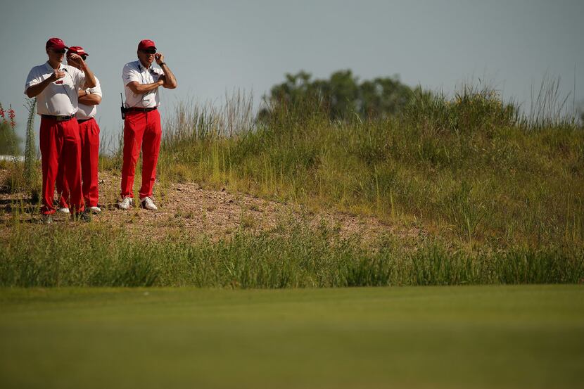 Salesmanship Club members look over a fairway during the first round of the Byron Nelson PGA...