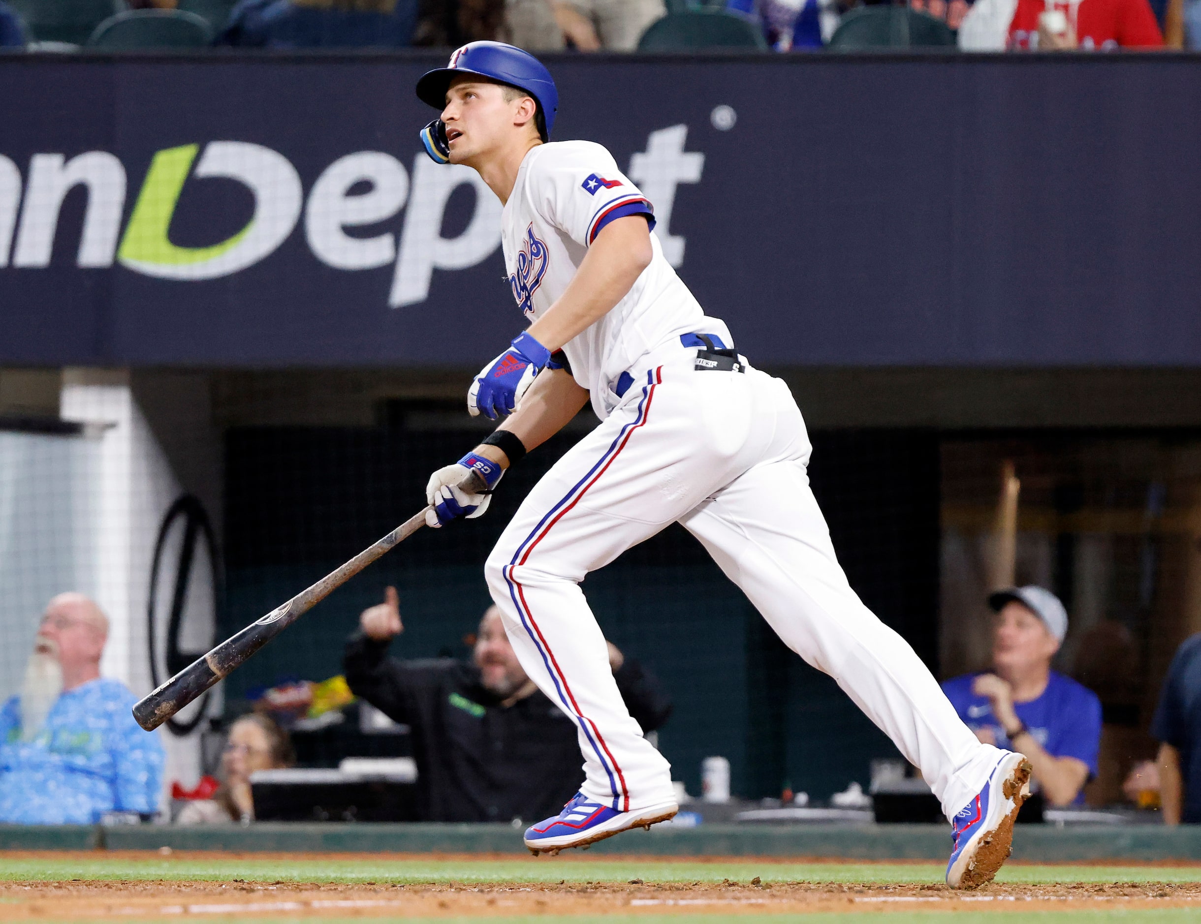 Texas Rangers batter Corey Seager (5) catches his third inning solo home run in Game 4 of...